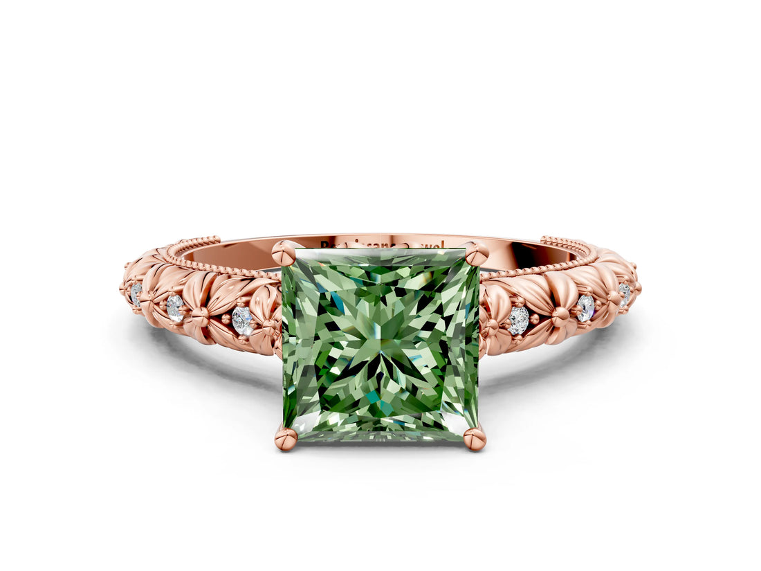 Rose gold Fancy Green Princess  Solitaire Floral Milgrain Engagement Ring_30