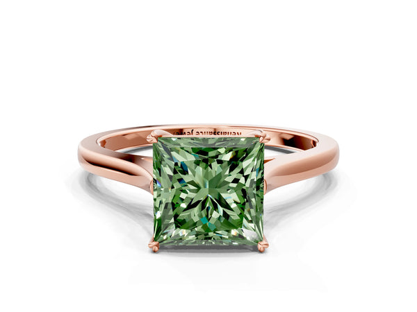Rose gold Fancy Green Princess  Solitaire Heart Prong Engagement Ring with Tapered Band