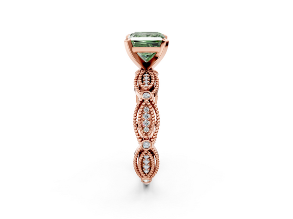 Rose gold Fancy Green Princess  Solitaire Milgrain Diamond Engagement Ring with Bezel and Marquise Band