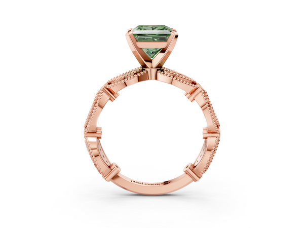 Rose gold Fancy Green Princess  Solitaire Milgrain Diamond Engagement Ring with Bezel and Marquise Band