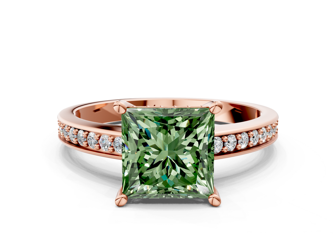 Rose gold Fancy Green Princess  Solitaire Pavé Band Prong Setting Ring