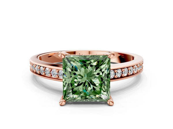Rose gold Fancy Green Princess  Solitaire Pavé Band Prong Setting Ring