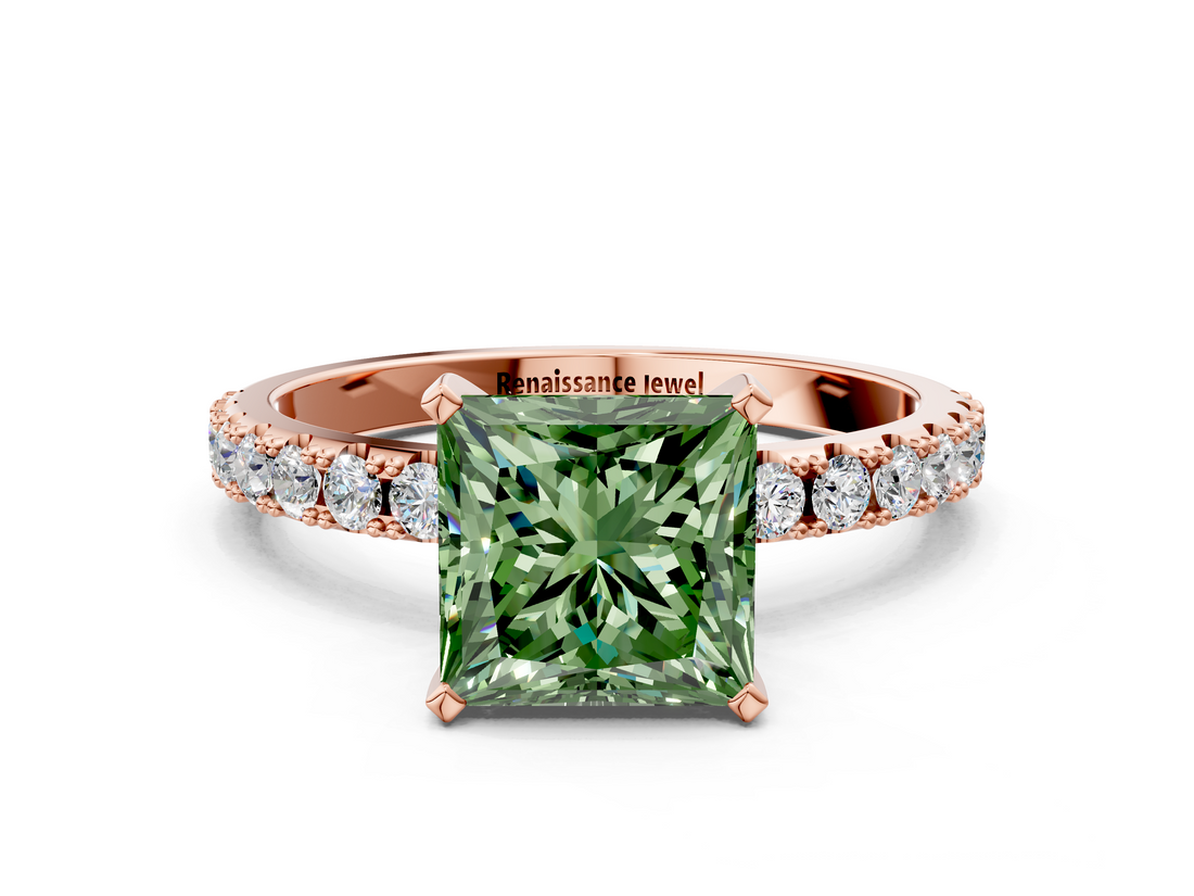 Rose gold Fancy Green Princess  Solitaire Pavé Band with Four-Prong Setting