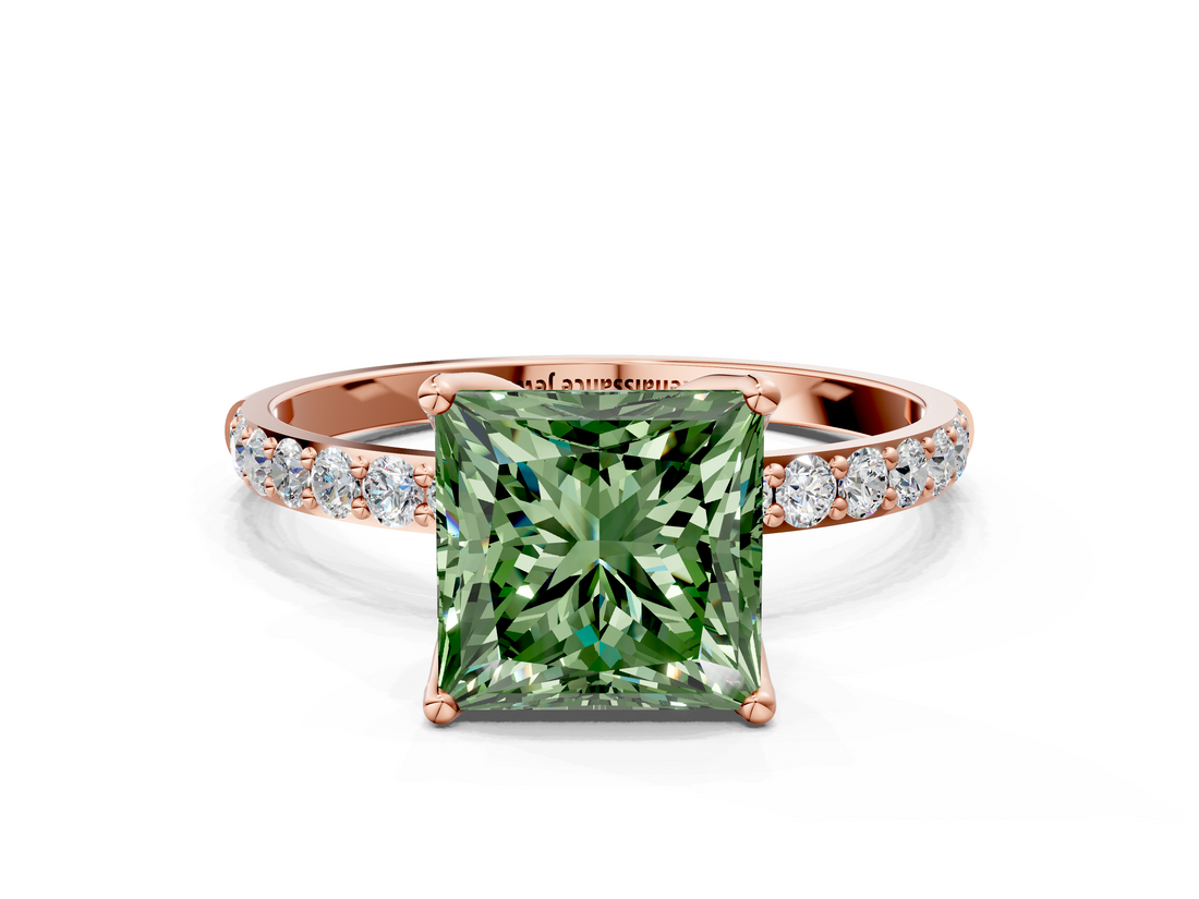 Rose gold Fancy Green Princess  Solitaire Pavé Diamond Engagement Ring with Four-Prong Setting
