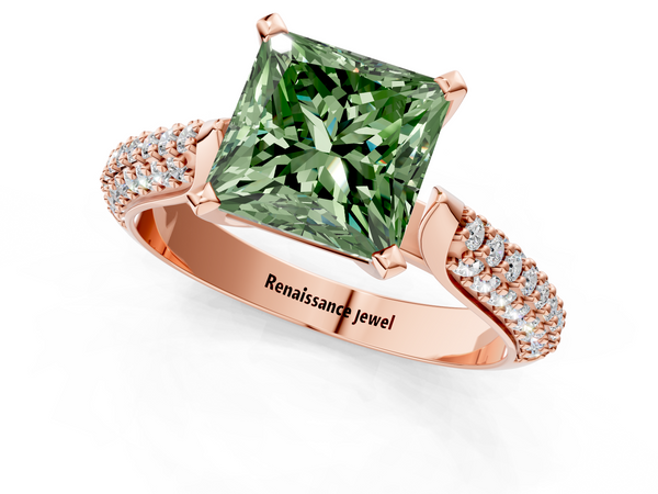 Rose gold Fancy Green Princess  Diamond Solitaire Engagement Ring with Pavé Band and Four-Prong Setting