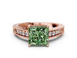 Rose gold Fancy Green Princess  Solitaire Pavé Diamond Milgrain Engagement Ring with Four-Prong Setting