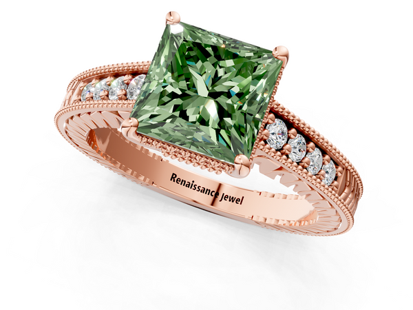 Rose gold Fancy Green Princess  Solitaire Pavé Diamond Milgrain Engagement Ring with Four-Prong Setting