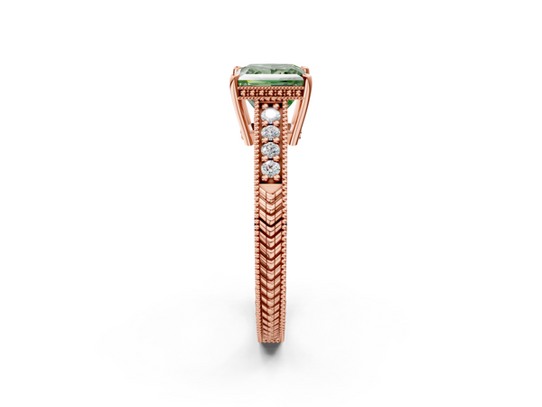 Rose gold Fancy Green Princess  Solitaire Pavé Diamond Milgrain Engagement Ring with Four-Prong Setting