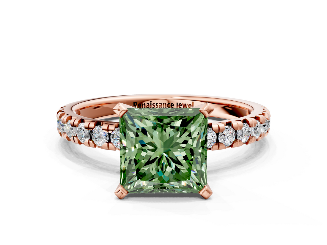Rose gold Fancy Green Princess  Solitaire Pave Diamond Engagement Ring with Four-Prong Setting