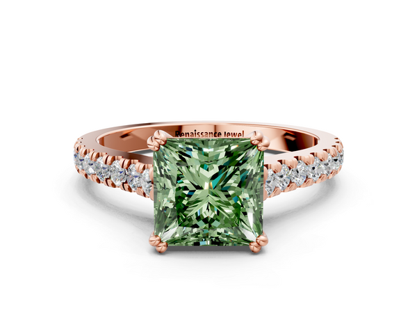Rose gold Fancy Green Princess  Solitaire Pave Diamond Engagement Ring with Prong Setting