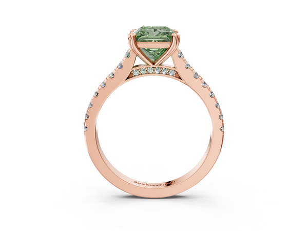 Rose gold Fancy Green Princess  Solitaire Pave Diamond Engagement Ring with Prong Setting