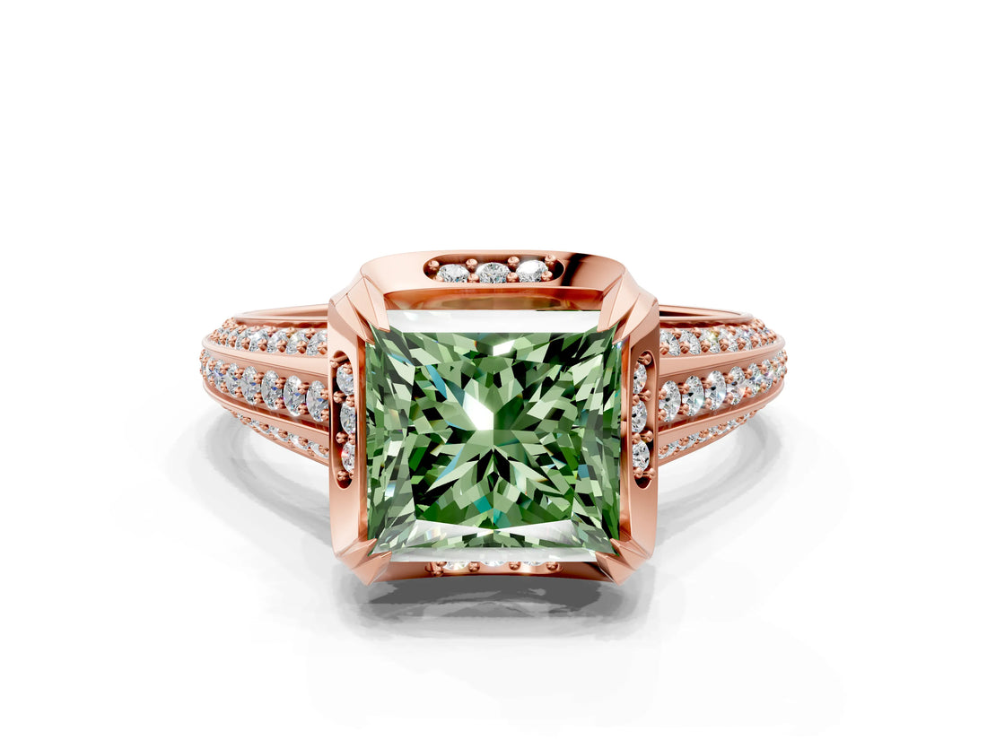 Rose gold Fancy Green Princess  Solitaire Pave Split Shank Ring with Four-Prong Setting_81