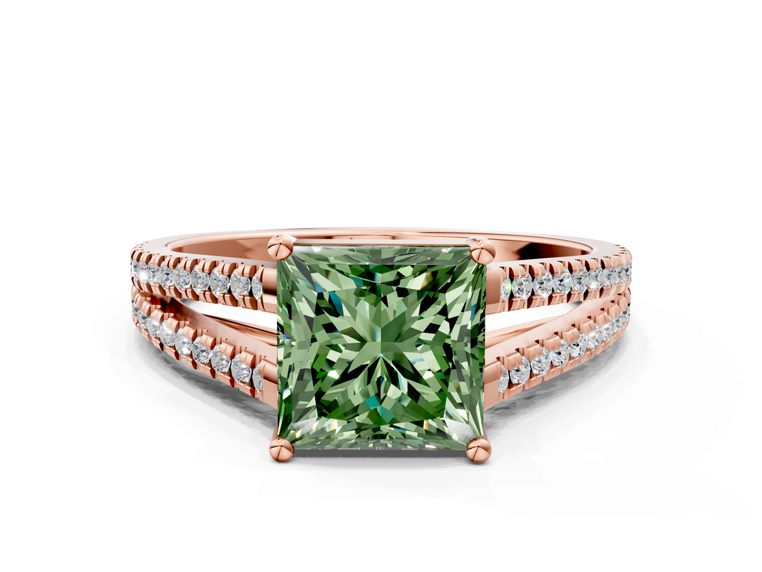 Rose gold Fancy Green Princess  Solitaire Split Shank Pavé Diamond Engagement Ring