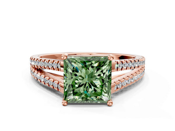 Rose gold Fancy Green Princess Cut Diamond Solitaire Engagement Ring with Split Shank Pavé Band