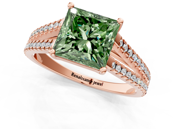 Rose gold Fancy Green Princess Cut Diamond Solitaire Engagement Ring with Split Shank Pavé Band