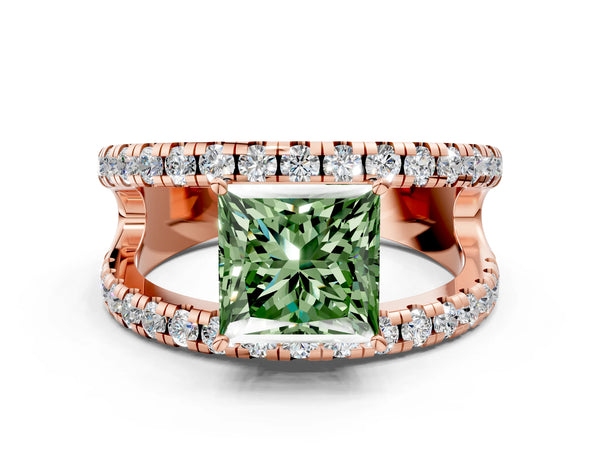 Rose gold Fancy Green Princess  Solitaire Split Shank Pave Diamond Ring