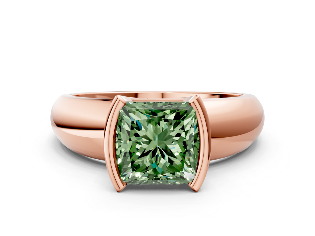 Rose gold Fancy Green Princess  Solitaire Tension Set Diamond Ring with Wide Band