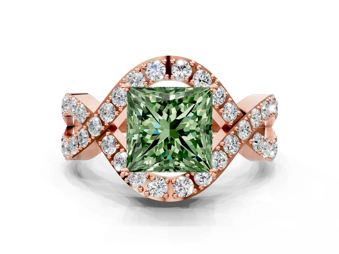 Rose gold Fancy Green Princess  Solitaire Twist Band Pavé Diamond Engagement Ring_50