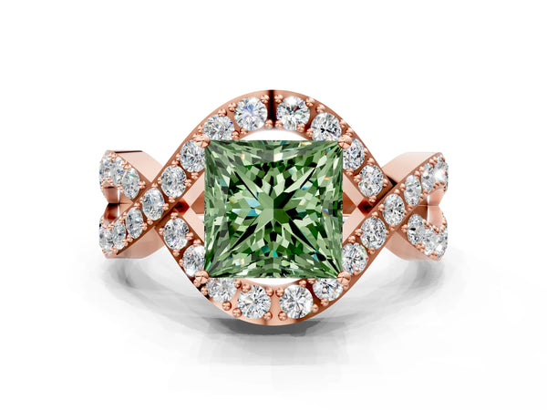 Rose gold Fancy Green Princess  Solitaire Twist Band Pavé Diamond Engagement Ring