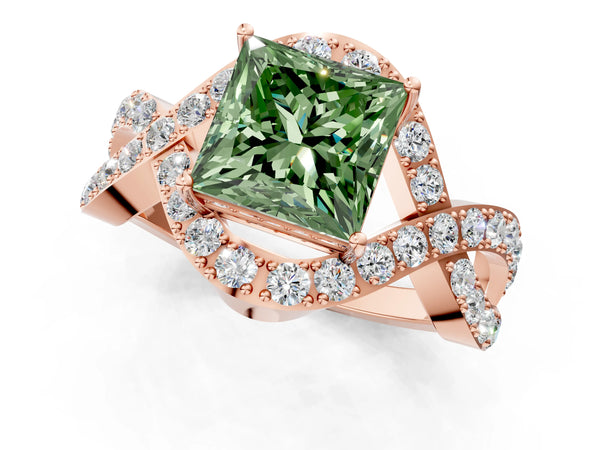 Rose gold Fancy Green Princess  Solitaire Twist Band Pavé Diamond Engagement Ring