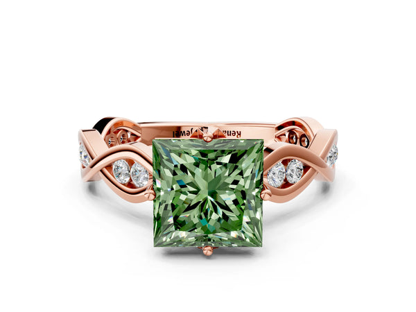 Rose gold Fancy Green Princess  Solitaire Twist Band with Leaf Prong Setting