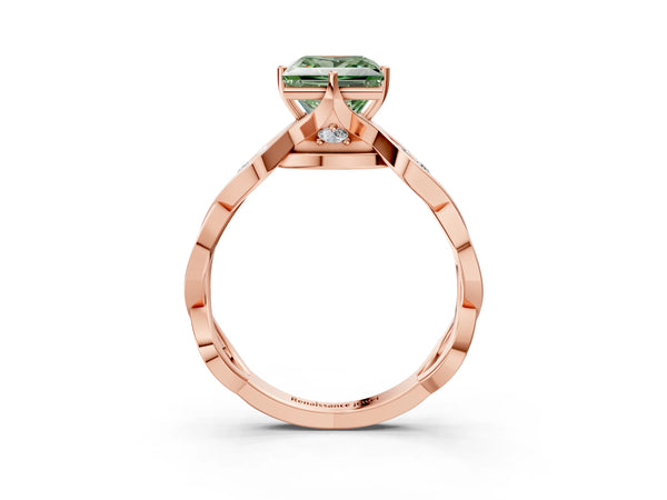 Rose gold Fancy Green Princess  Solitaire Twist Band with Leaf Prong Setting