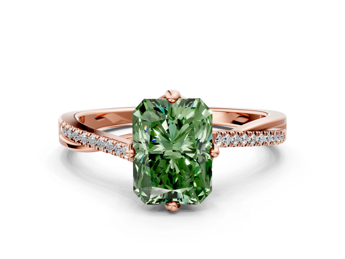 Rose gold Fancy Green Princess  Solitaire Twist Band with Pavé Diamonds and Four-Prong Setting_47