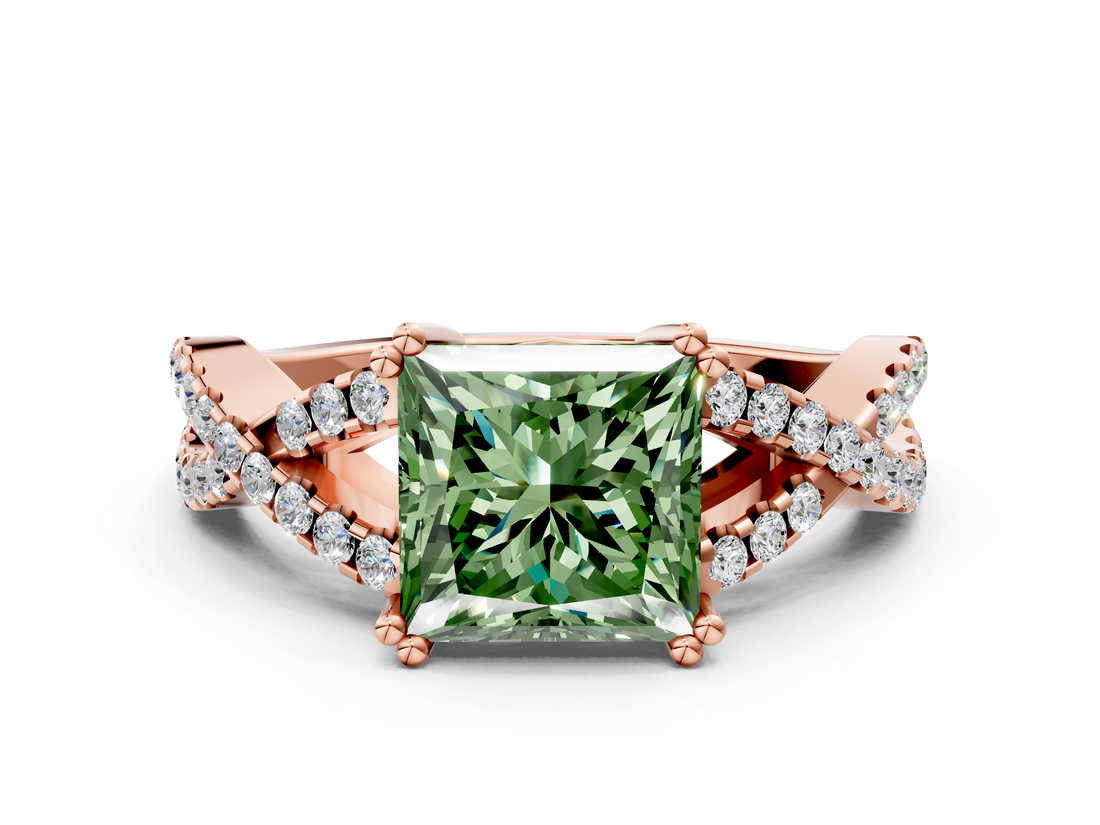 Rose gold Fancy Green Princess  Solitaire Twist Band with Pavé Setting and Four-Prong Setting