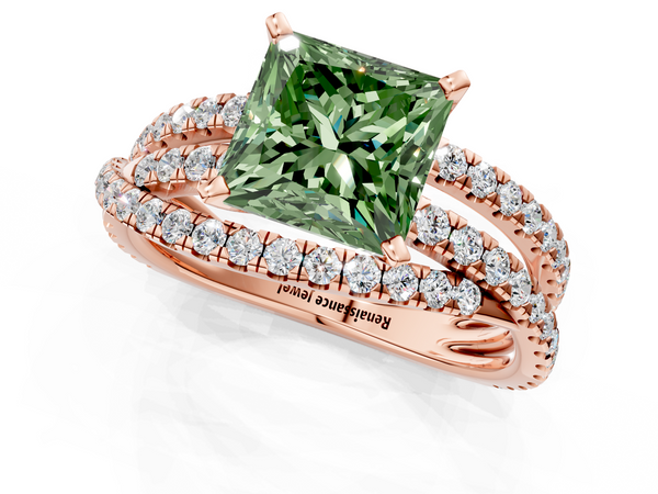 Rose gold Fancy Green Princess  Solitaire Twist Band with Pavé Setting and Four-Prong Setting