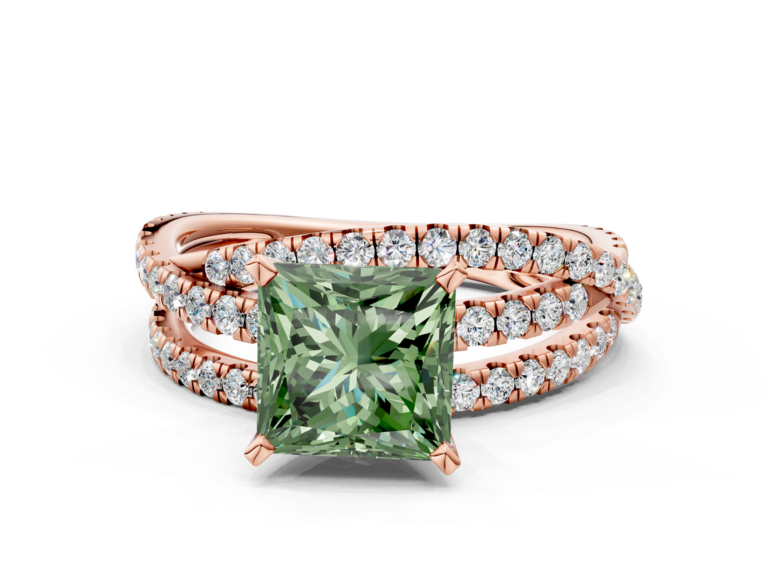 Rose gold Fancy Green Princess  Solitaire Twist Band with Pavé Setting and Four-Prong Setting