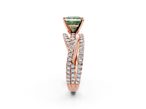 Rose gold Fancy Green Princess  Solitaire Twist Band with Pavé Setting and Four-Prong Setting
