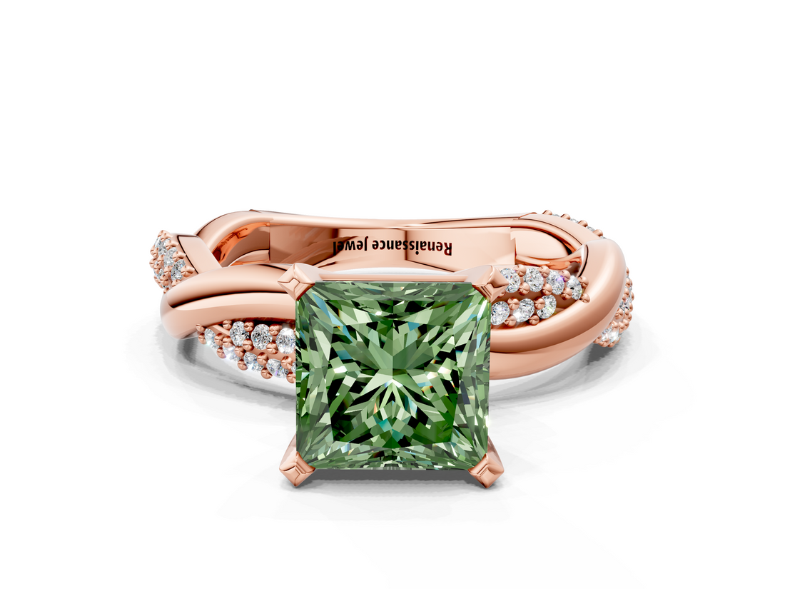 Rose gold Fancy Green Princess  Solitaire Twist Band with Pave Prong Setting