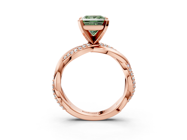 Rose gold Fancy Green Princess  Solitaire Twist Band with Pave Prong Setting