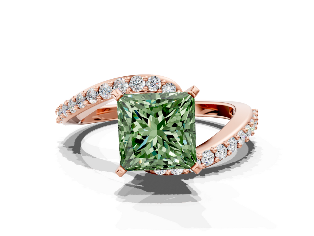 Rose gold Fancy Green Princess  Solitaire Twist Band with Pave Set Diamonds and Four-Prong Setting