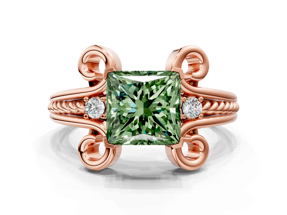 Rose gold Fancy Green Princess  Solitaire Twisted Band Scroll Prong Ring_3