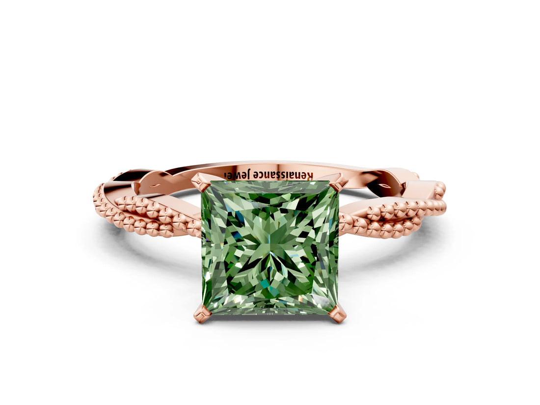 Rose gold Fancy Green Princess  Solitaire Twisted Band with Bead Prong Setting_30