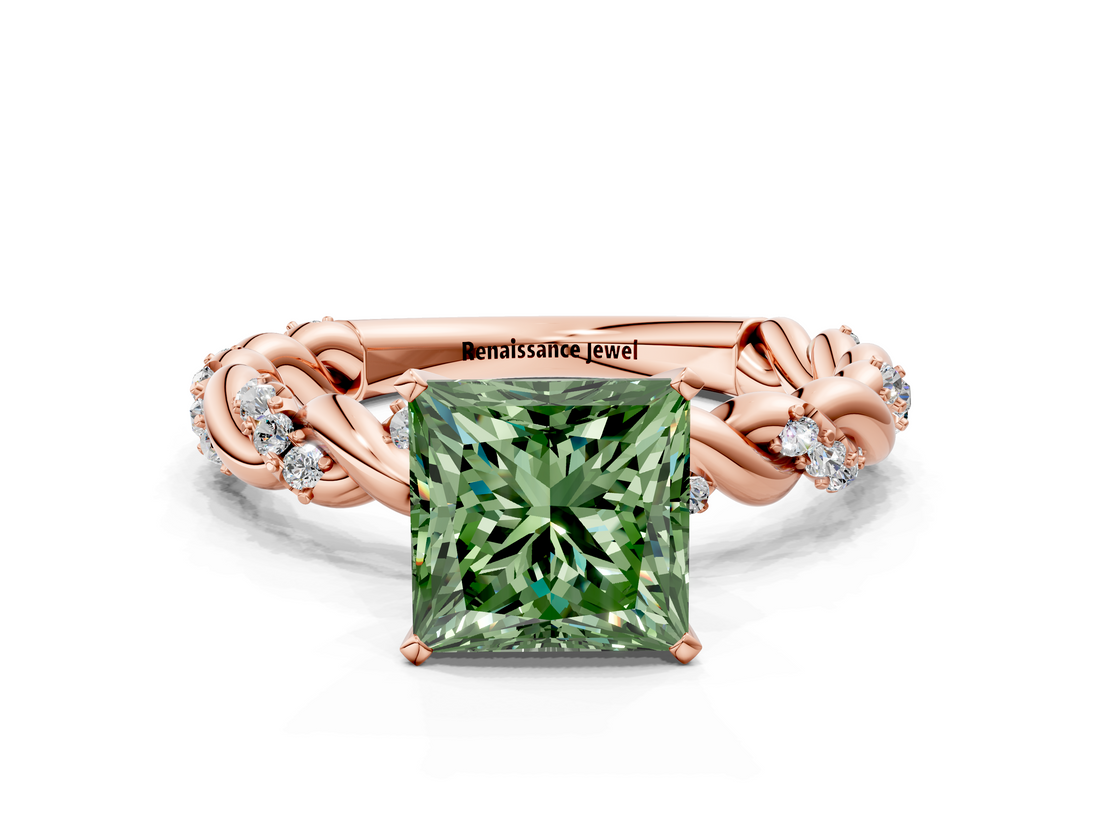 Rose gold Fancy Green Princess  Solitaire Twisted Band with Pavé Accents and Four-Prong Setting