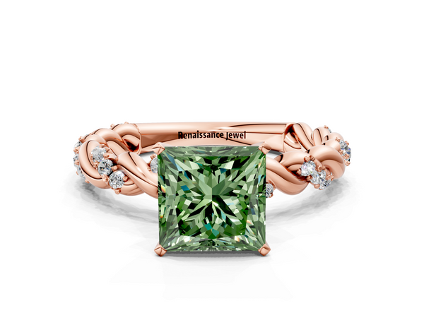 Rose gold Fancy Green Princess Cut Diamond Solitaire Ring with Twisted Band and Pavé Accents