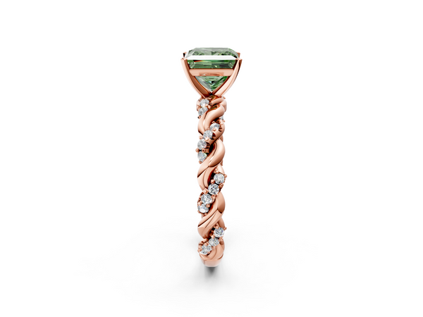 Rose gold Fancy Green Princess Cut Diamond Solitaire Ring with Twisted Band and Pavé Accents