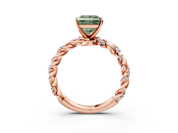 Rose gold Fancy Green Princess Cut Diamond Solitaire Ring with Twisted Band and Pavé Accents