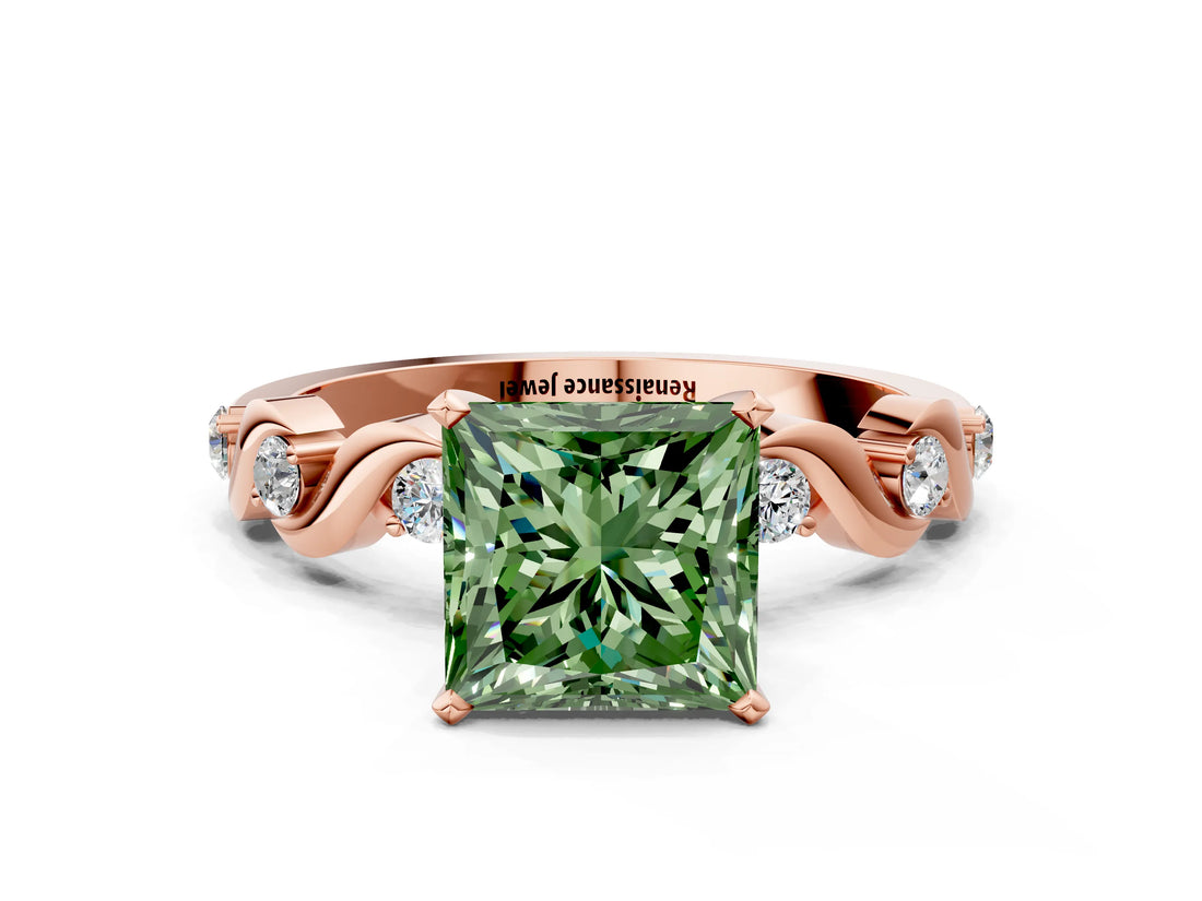 Rose gold Fancy Green Princess  Solitaire Twisted Band with Prong Setting