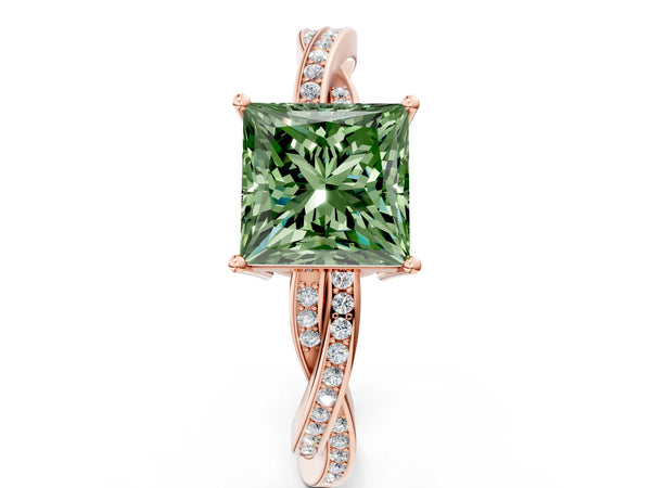 Rose gold Fancy Green Princess  Solitaire Twisted Pave Diamond Ring with Four-Prong Setting