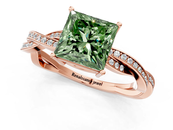 Rose gold Fancy Green Princess  Solitaire Twisted Pave Diamond Ring with Four-Prong Setting
