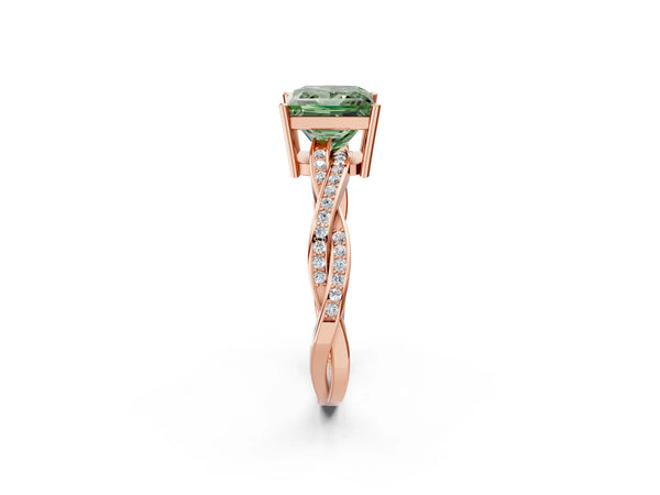 Rose gold Fancy Green Princess  Solitaire Twisted Pave Diamond Ring with Four-Prong Setting