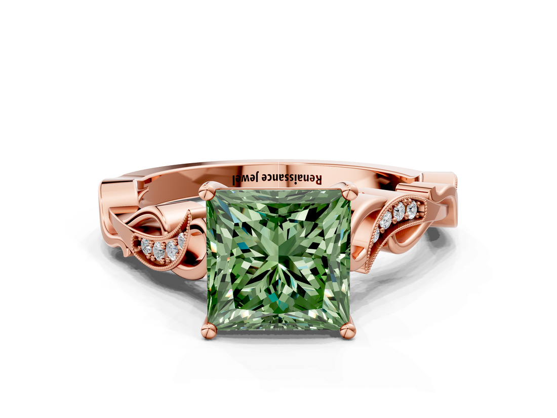 Rose gold Fancy Green Princess  Solitaire Vine Band with Milgrain Prong Setting_3