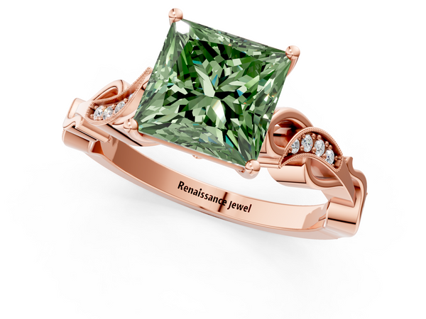 Rose gold Fancy Green Princess  Solitaire Vine Band with Milgrain Prong Setting