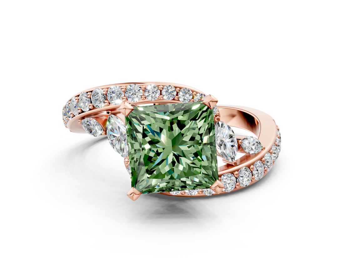 Rose gold Fancy Green Princess  Solitaire with Pavé Twist Band and Four-Prong Setting