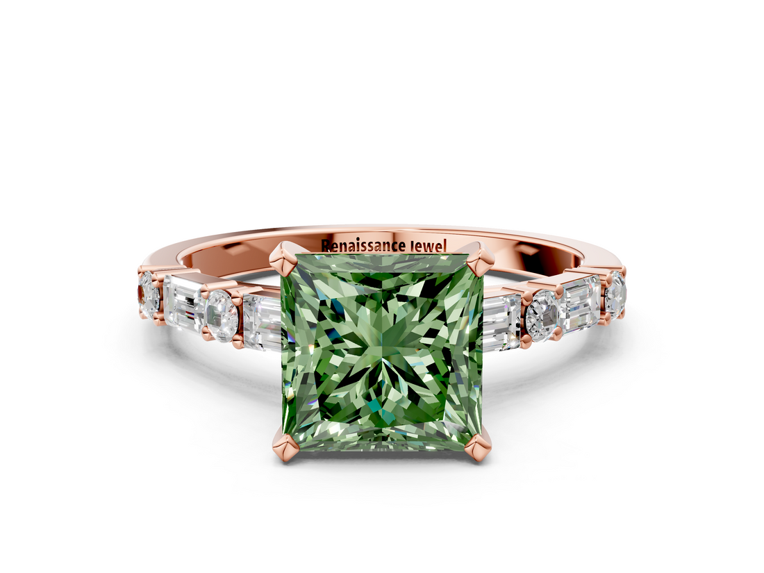 Rose gold Fancy Green Princess  Solitaire with Side Baguettes and Channel Set Band
