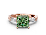 Rose gold Fancy Green Princess  Solitaire with Tapered Baguette Side Stones on a Classic Band with Four-Prong Setting