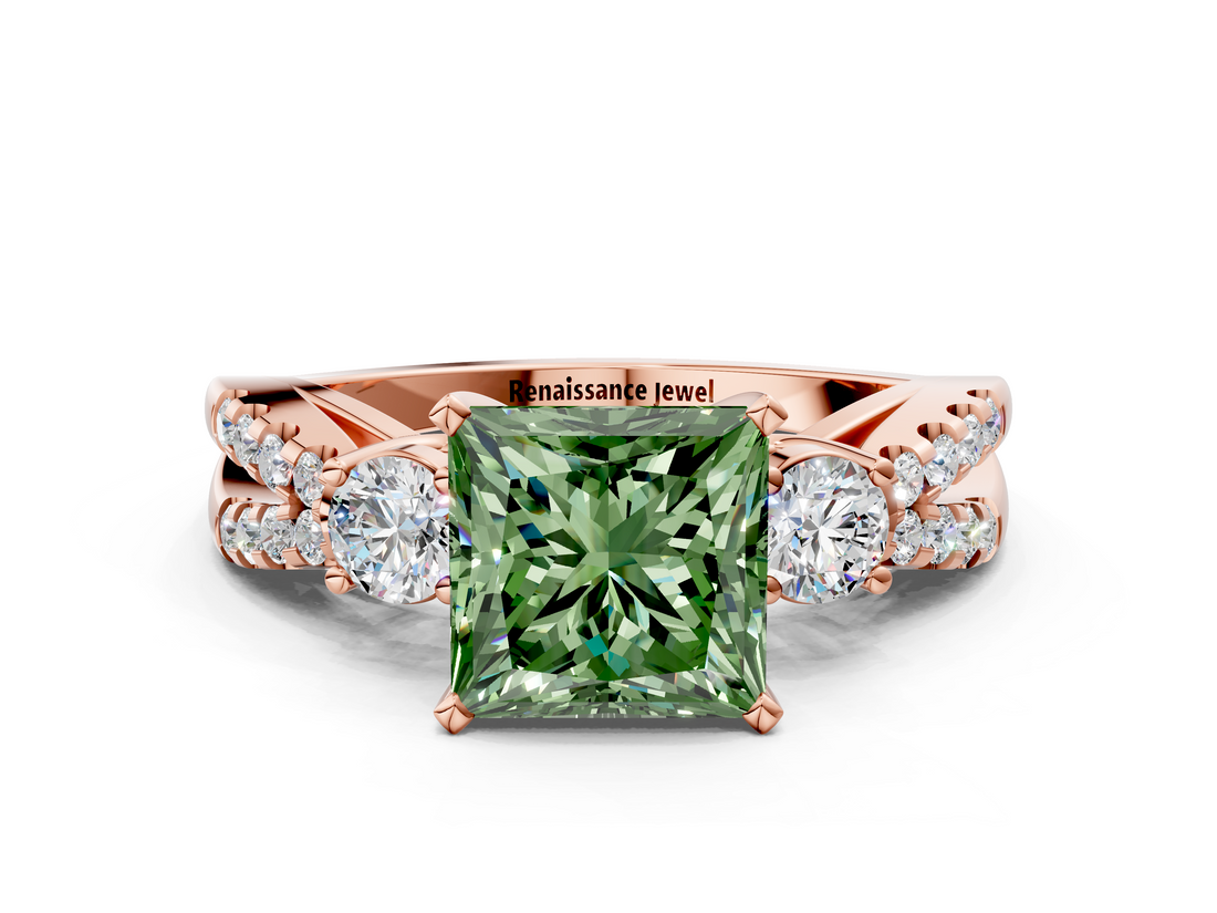 Rose gold Fancy Green Princess  Three-Stone Diamond Ring with Pavé Split Shank and Four-Prong Setting